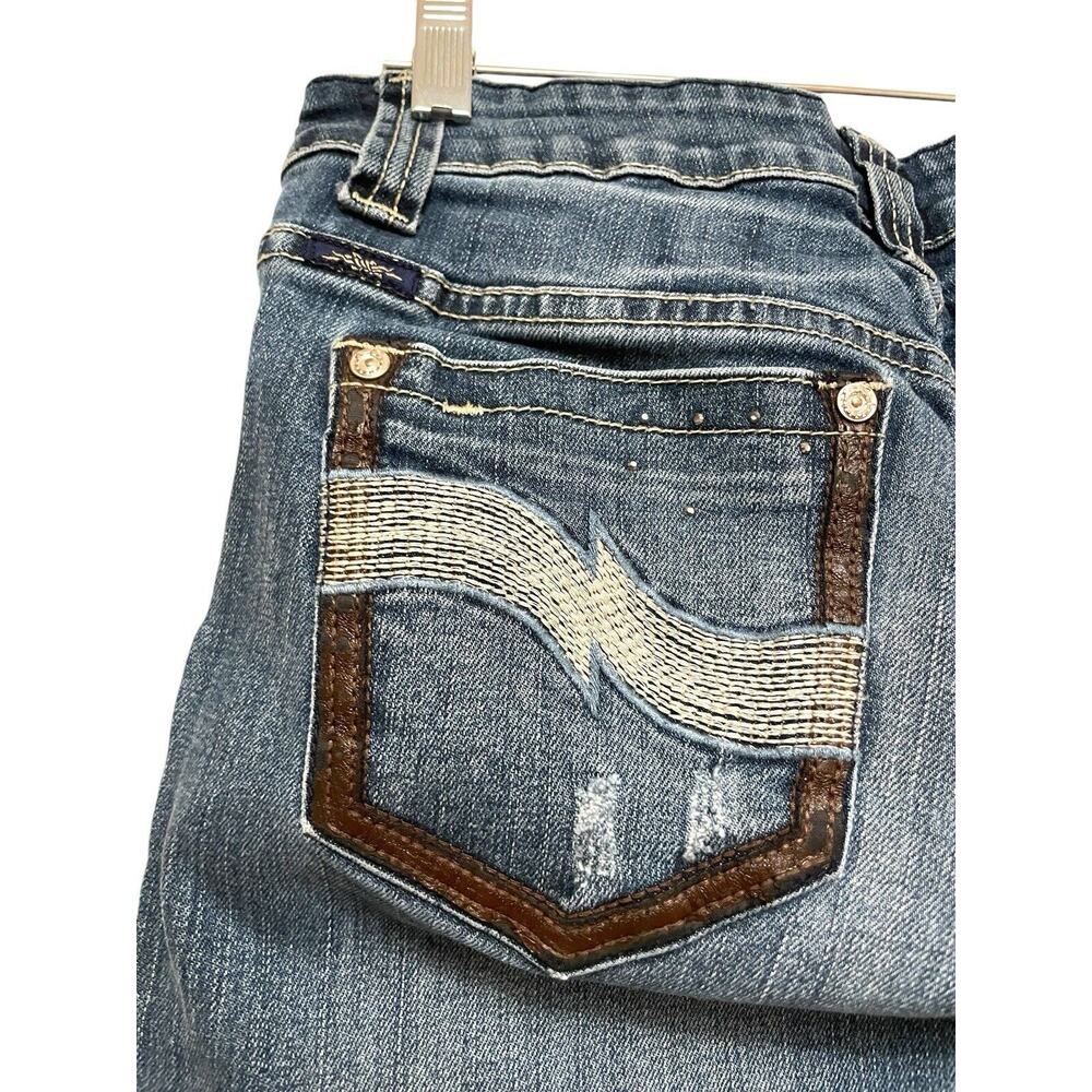 Cowgirl Up Embroidered Low Rise Bootcut Jeans Size 4/28 Blue‎ Leather Rhinestone